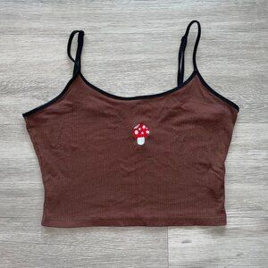 BROWN TANK TOP w/ embroidered mushroom (cropped)